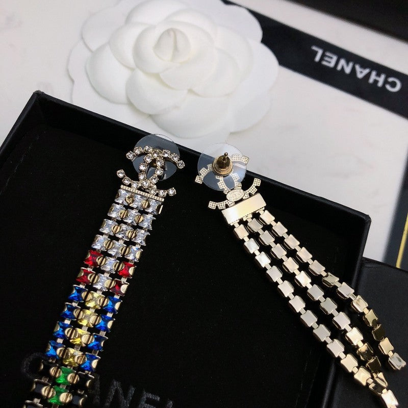 Chanel Long Tassel Color Crystal 18K Gold Earrings