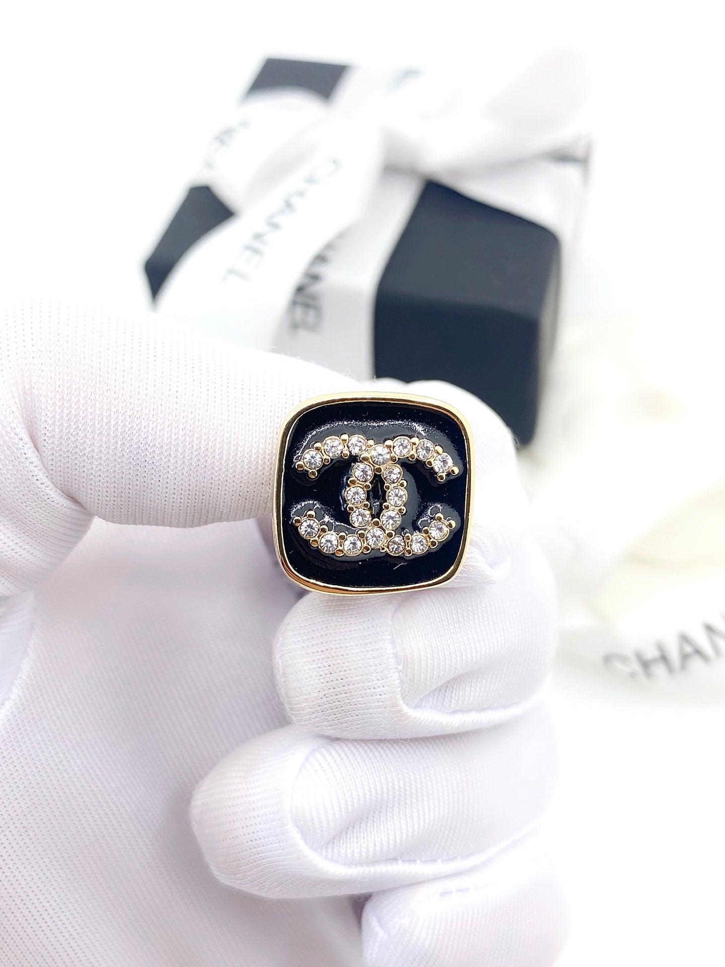 Chanel Square Resin Diamond 18K Gold Earrings