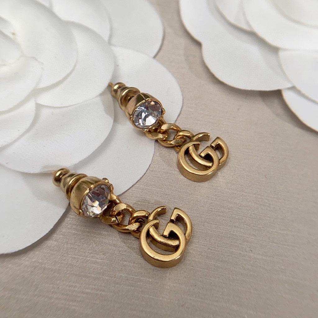 Gucci Double Crystal Chain 18K Gold Earrings