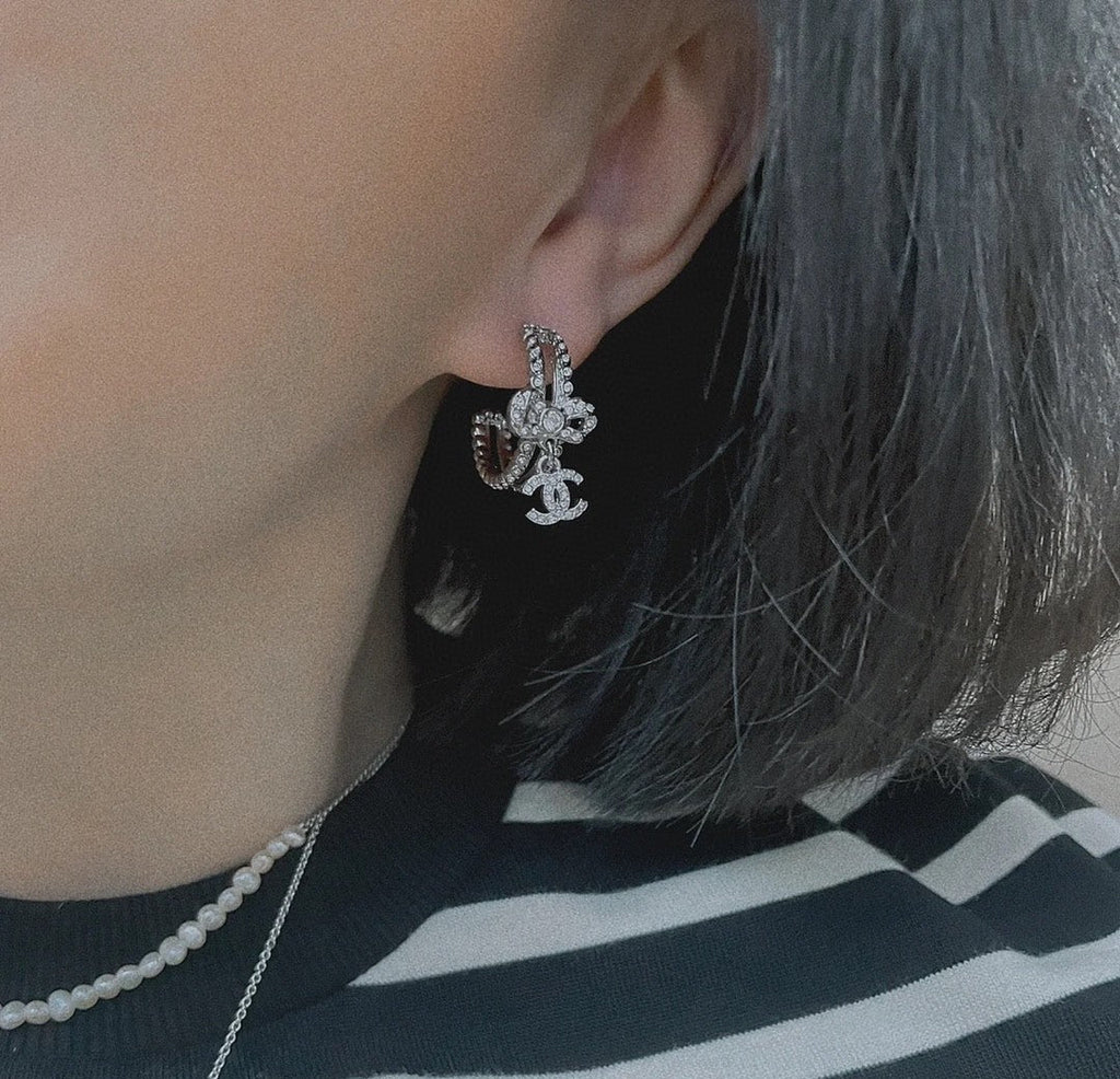 Chanel Diamond Pendant 18K Gold Earrings
