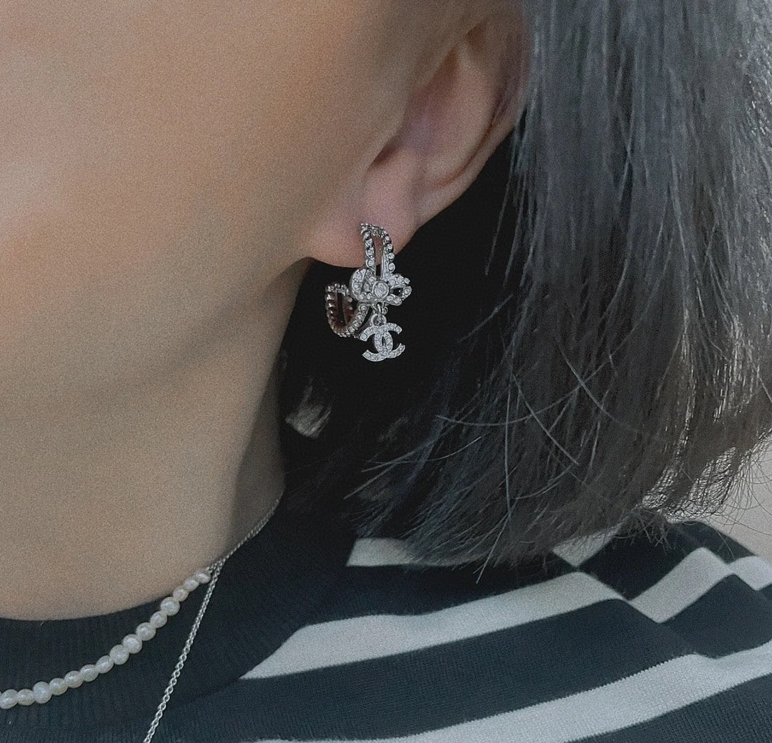 Chanel Diamond Pendant 18K Gold Earrings
