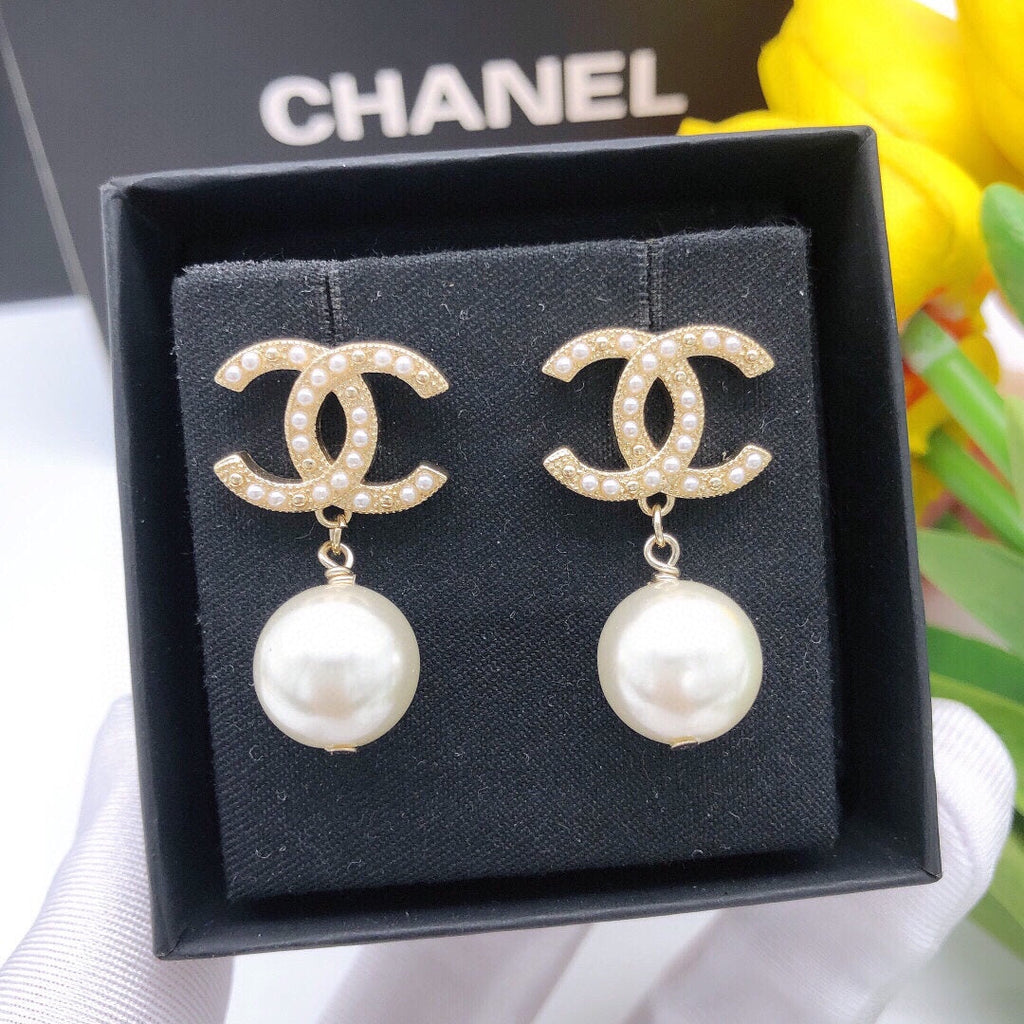 Chanel Pearl Drop 18K Gold Earrings