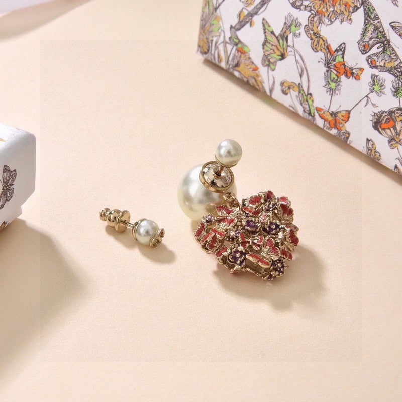 Dior Tribales Red Flower Heart Faux Pearl 18K Gold Earrings