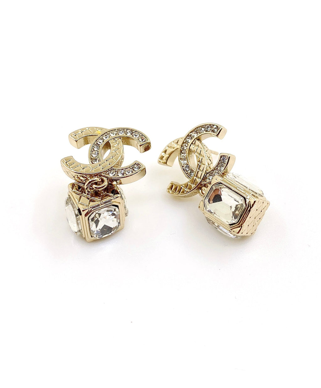 Chanel Square Crystal Pendant 18K Gold Earrings