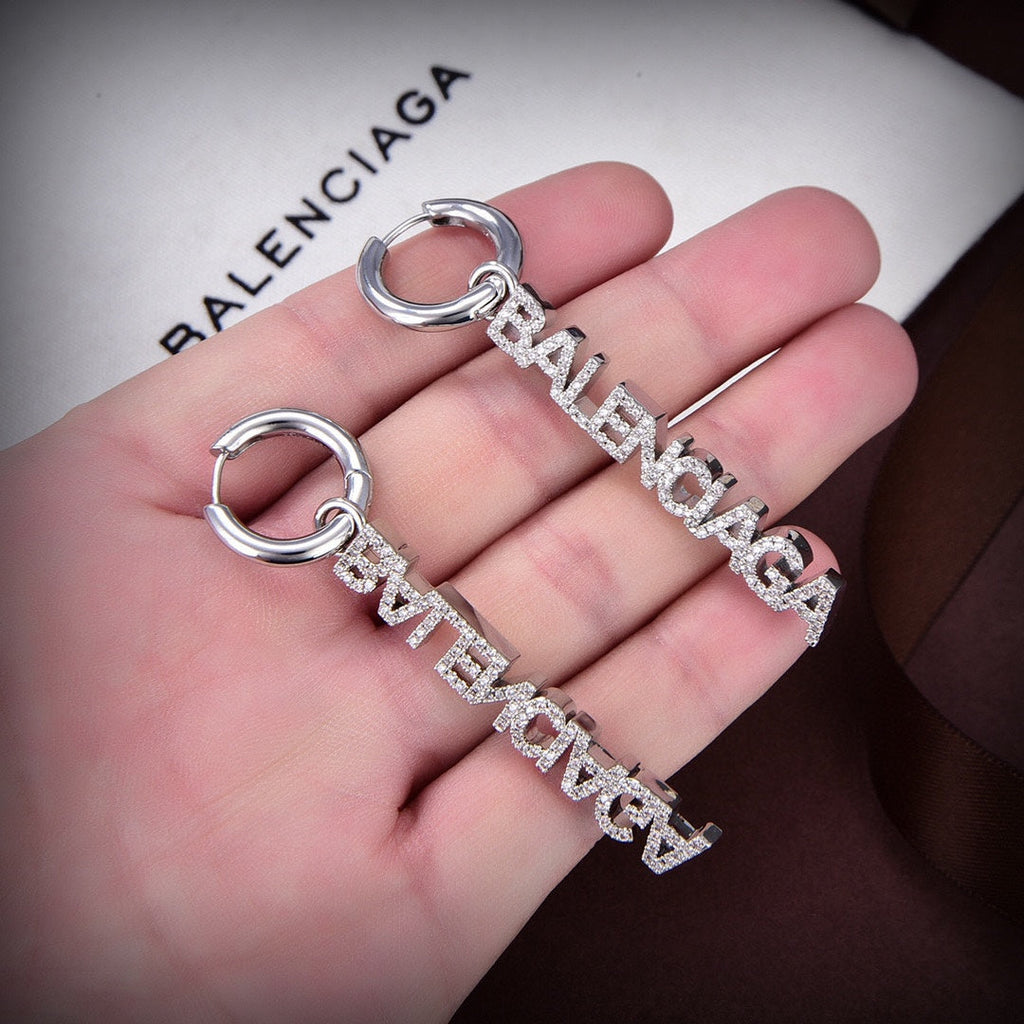 Balenciaga Typo Mirror Hoop Crystals 18K Gold Earrings