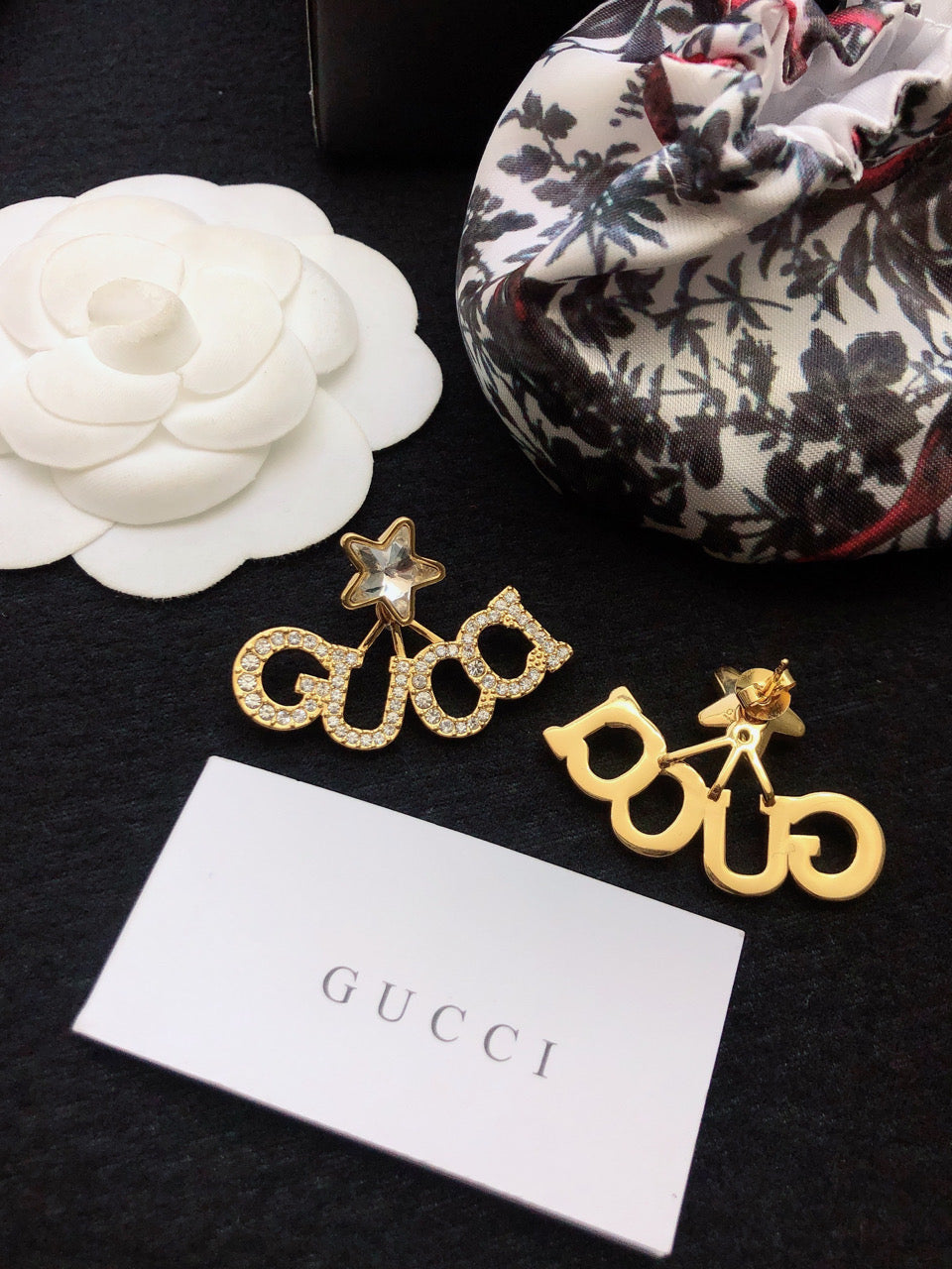 Gucci Double Script Star 18K Gold Earrings