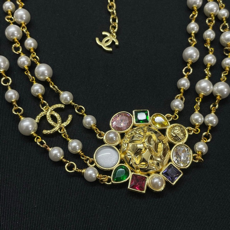 Chanel Color Crystal Pearl Chain 18K Gold Necklace