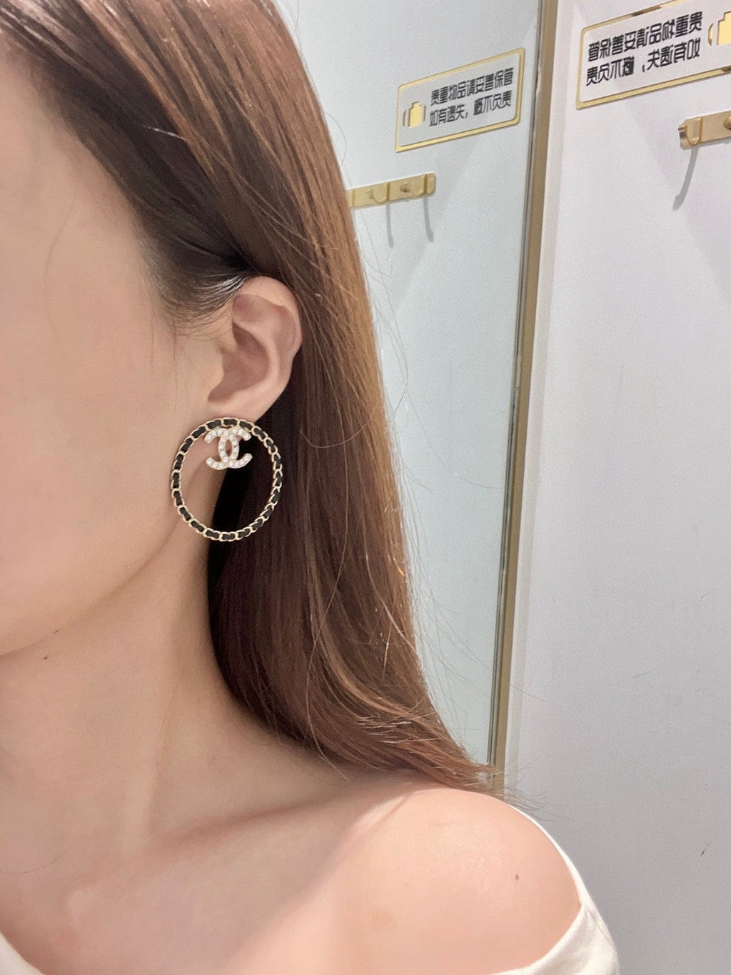 Chanel Black Leather Circle 18K Gold Earrings