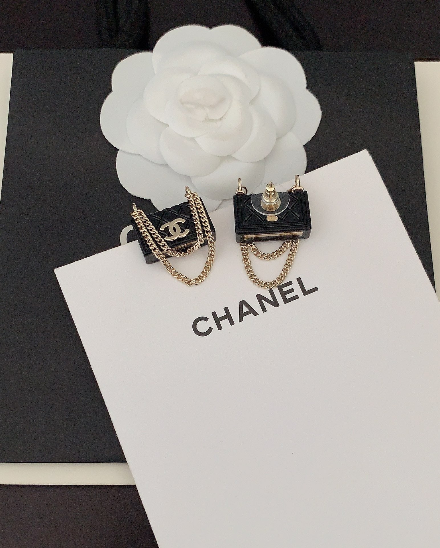 Chanel Black Bag Pendant 18K Gold Earrings