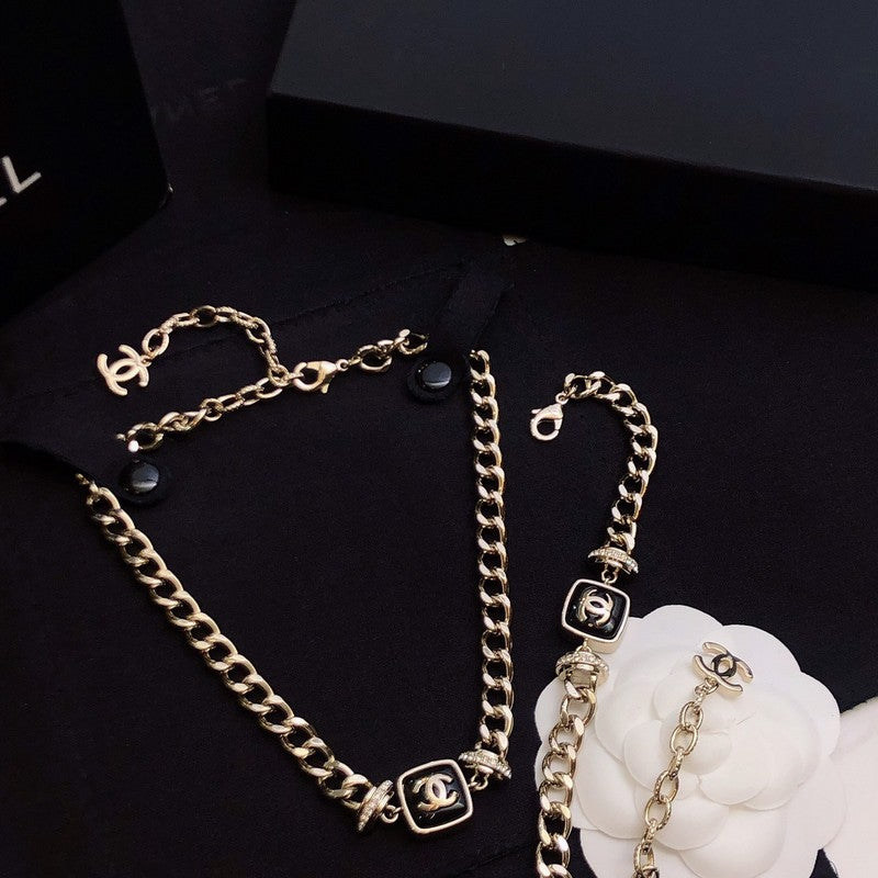 Chanel Black Logo Gold Chain 18K Gold Necklace