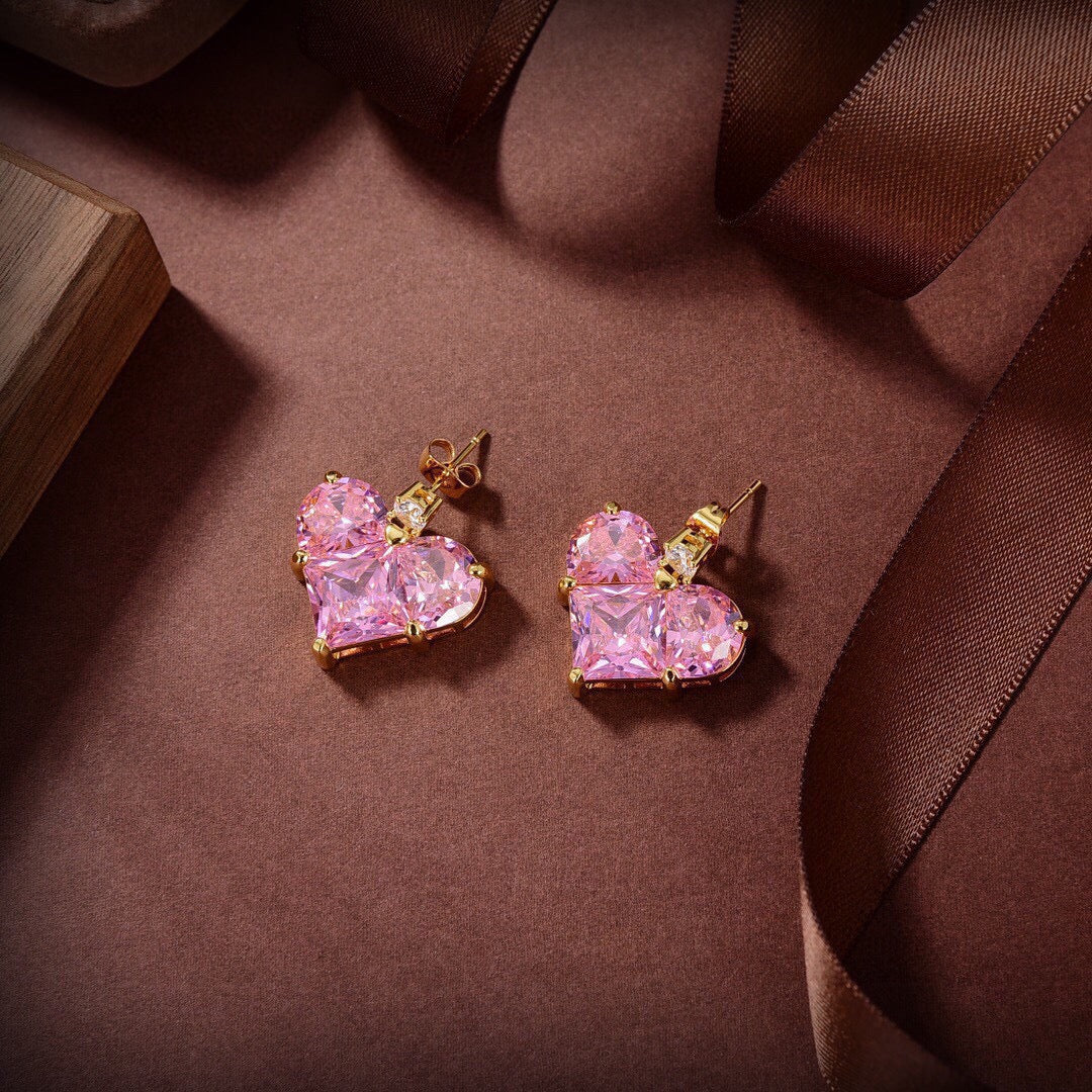 Celine Pink Crystal Heart 18K Gold Earrings