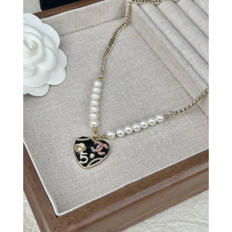 Chanel Pink & Black Heart Pearl 18K Gold Necklace