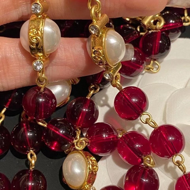 Chanel Long Red & White Pearls 18K Gold Necklace