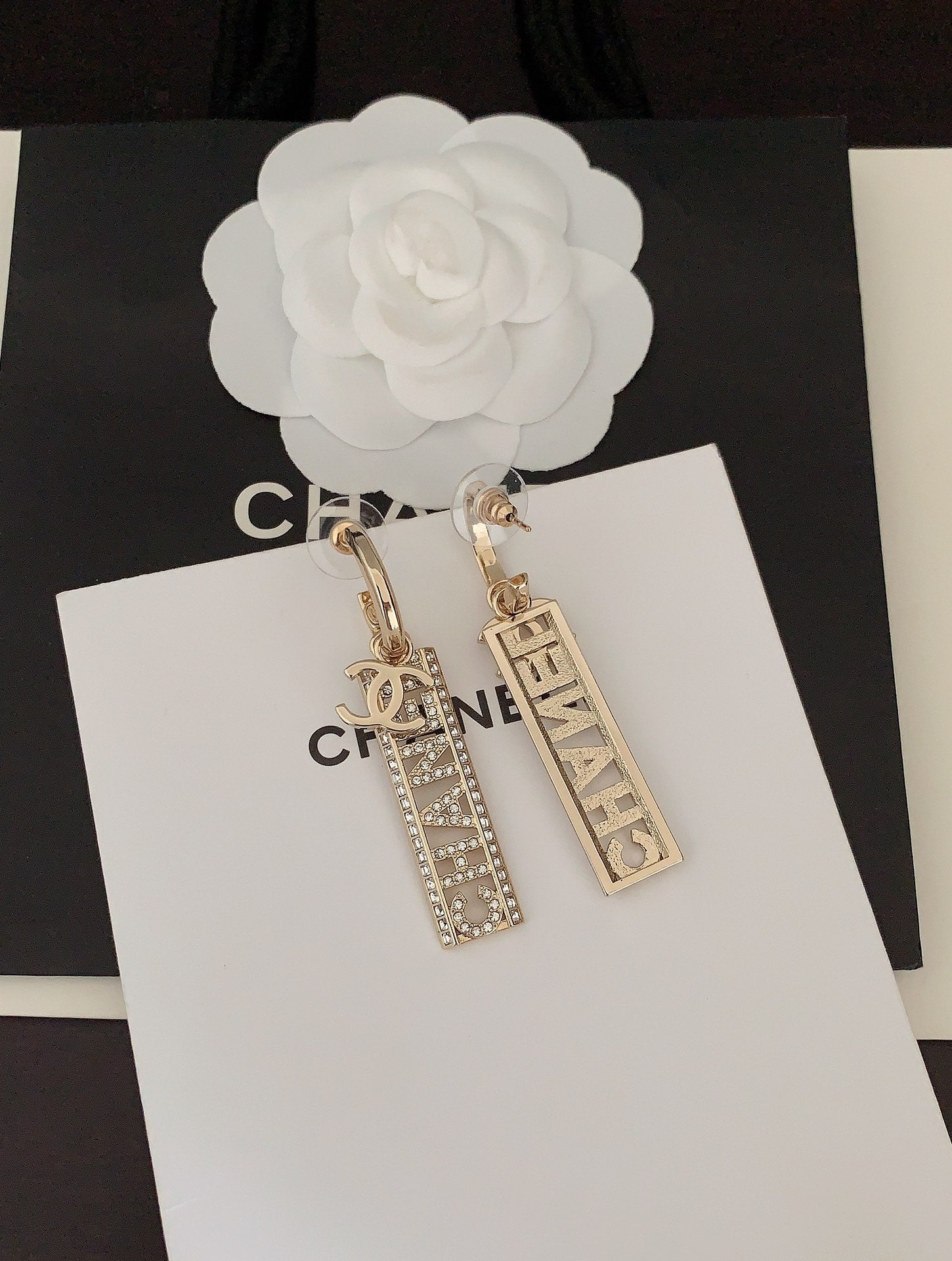 Chanel Crystals Long Letter 18K Gold Earrings