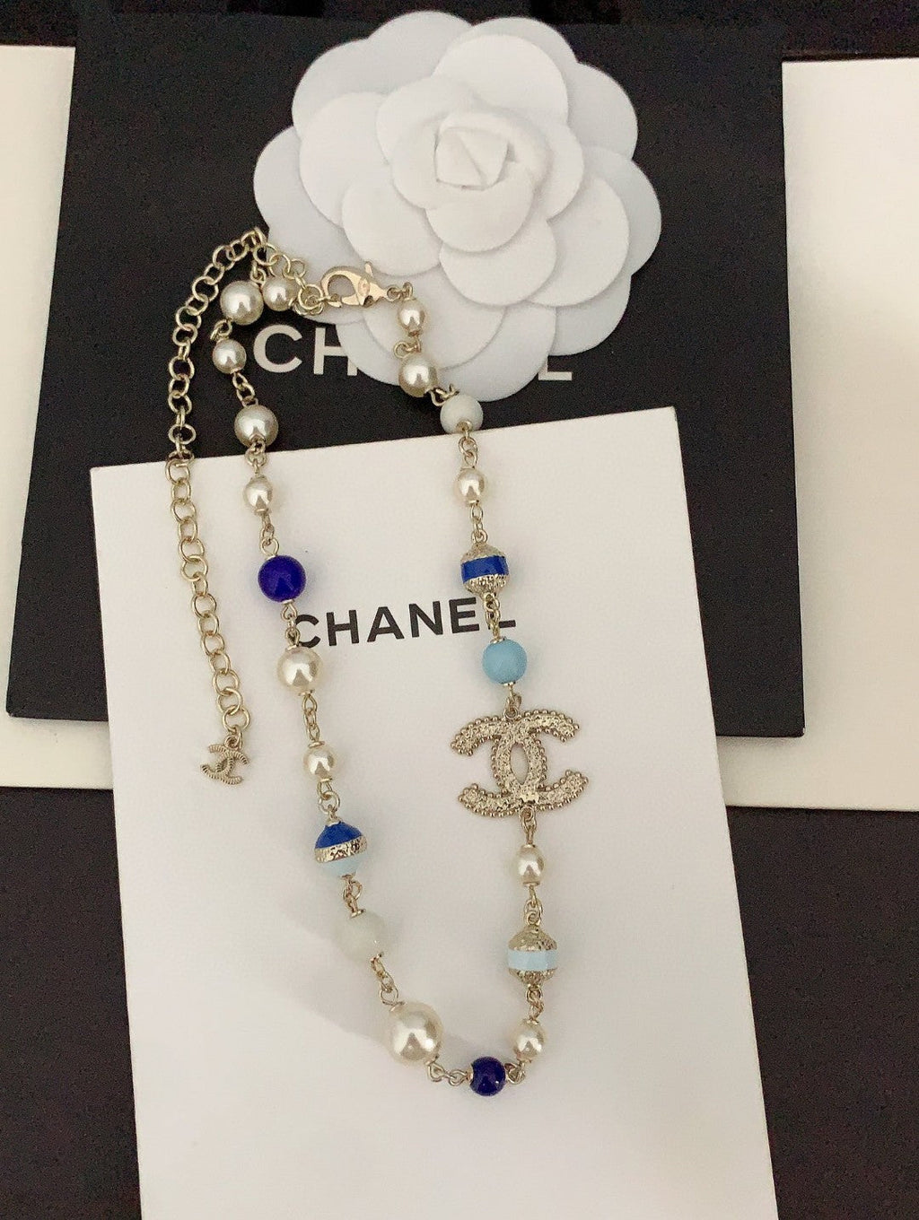 Chanel Blue & White Pearls 18K Gold Necklace