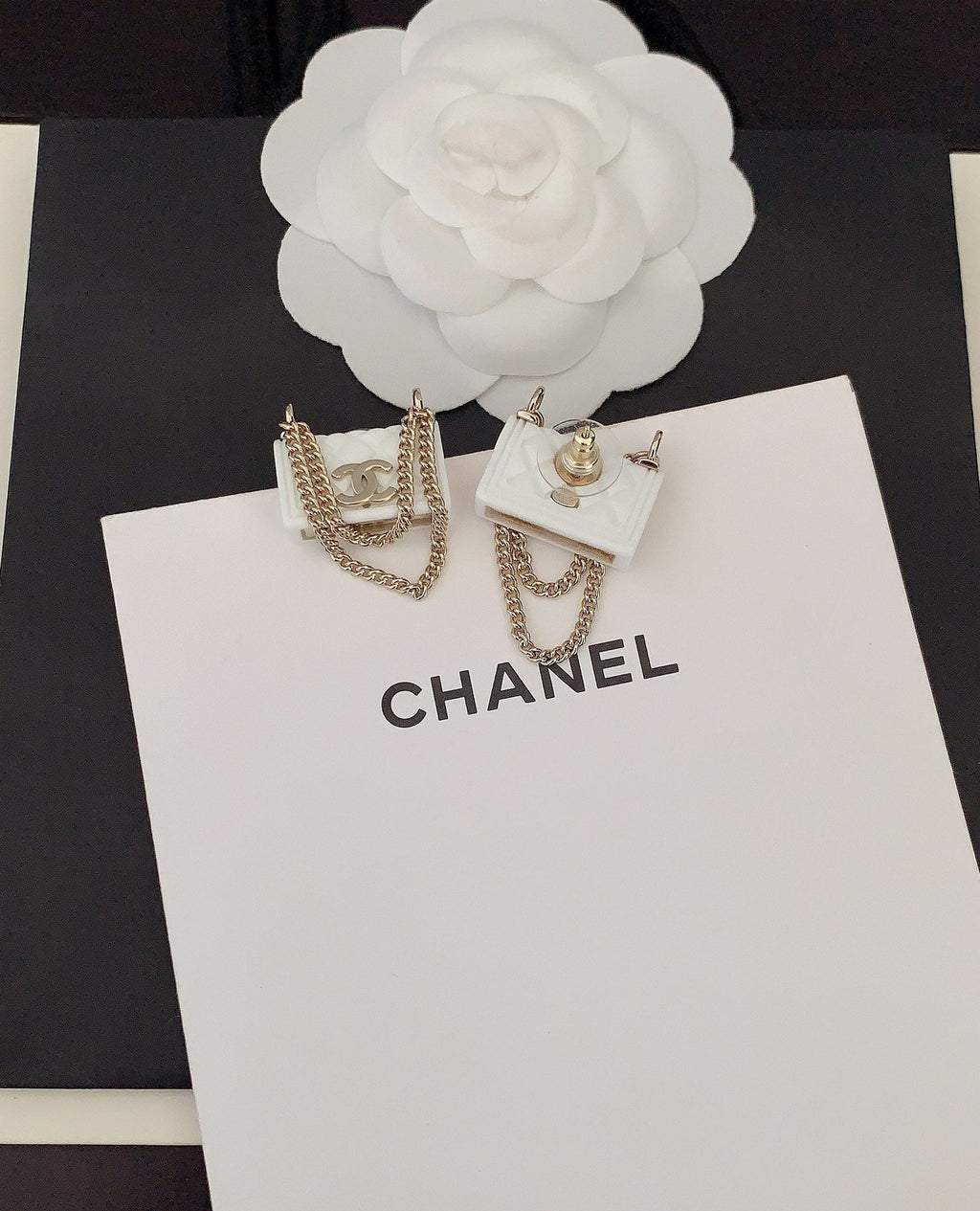 Chanel White Bag 18K Gold Earrings
