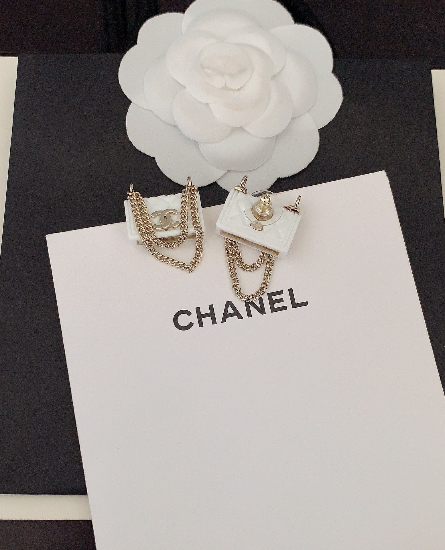 Chanel White Bag 18K Gold Earrings