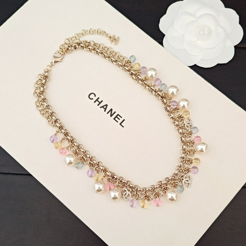 Chanel Pink Crystal Chain Links 18K Gold Necklace