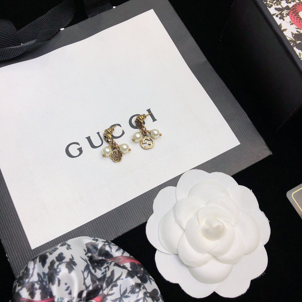 Gucci Double Flower & Pearl Pendant 18K Gold Earrings