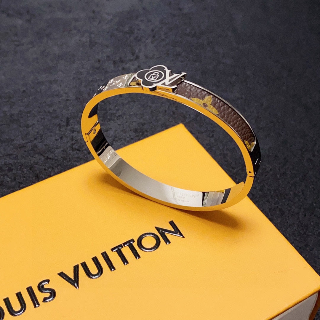 Louis Vuitton Leather Lock 18K Gold Bracelet