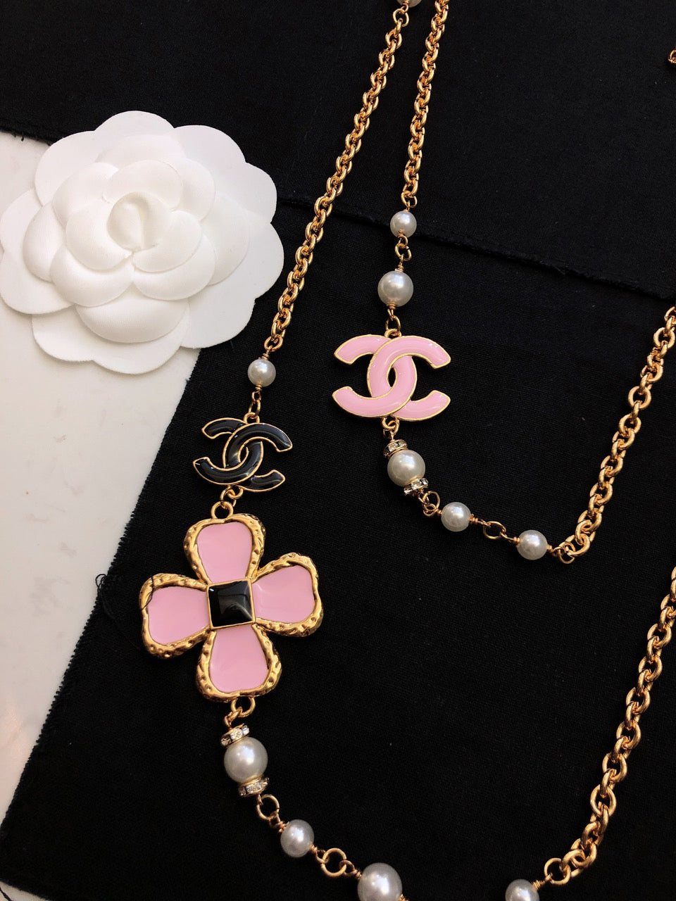 Chanel Pink Flowers 18K Gold Necklace