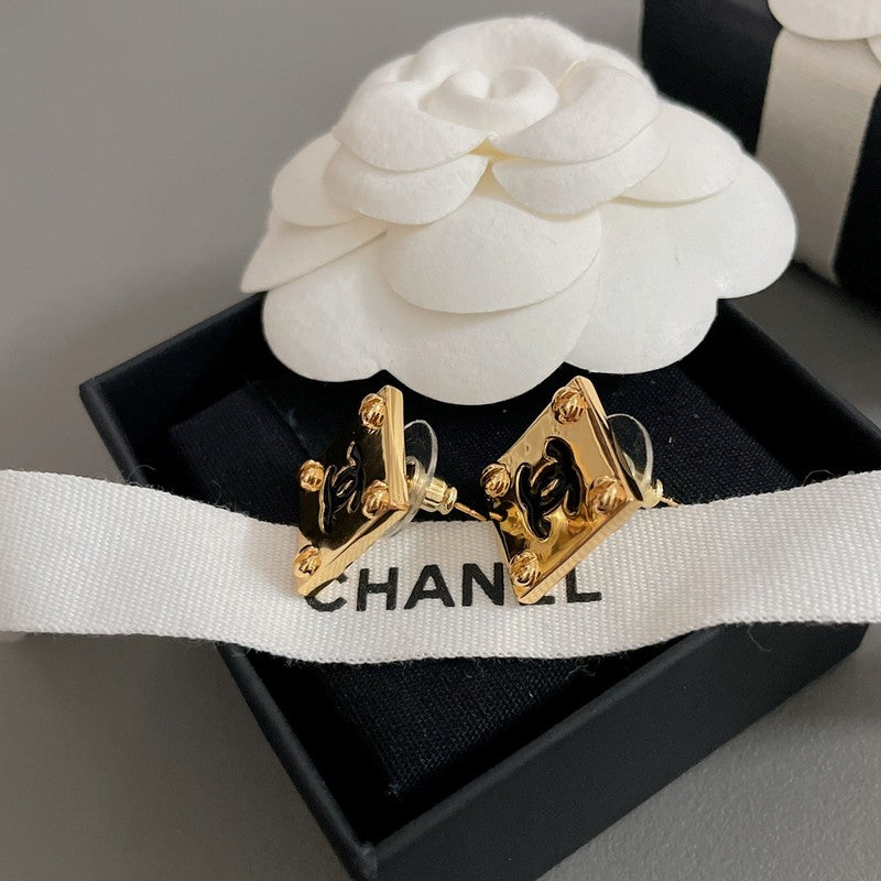 Chanel Black Gold Square 18K Gold Earrings