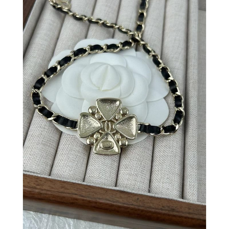 Chanel Black Leather Flower 18K Gold Necklace