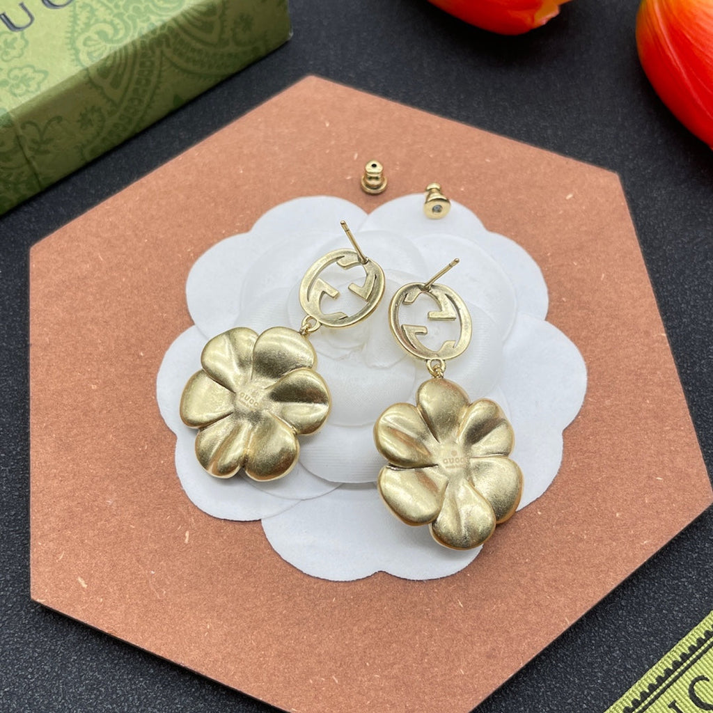 Gucci Double Color Crystals Flower 18K Gold Earrings