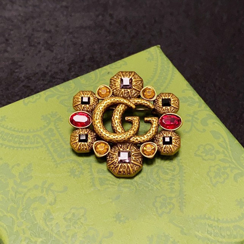 Gucci Double Flower Crystal 18K Gold Brooch