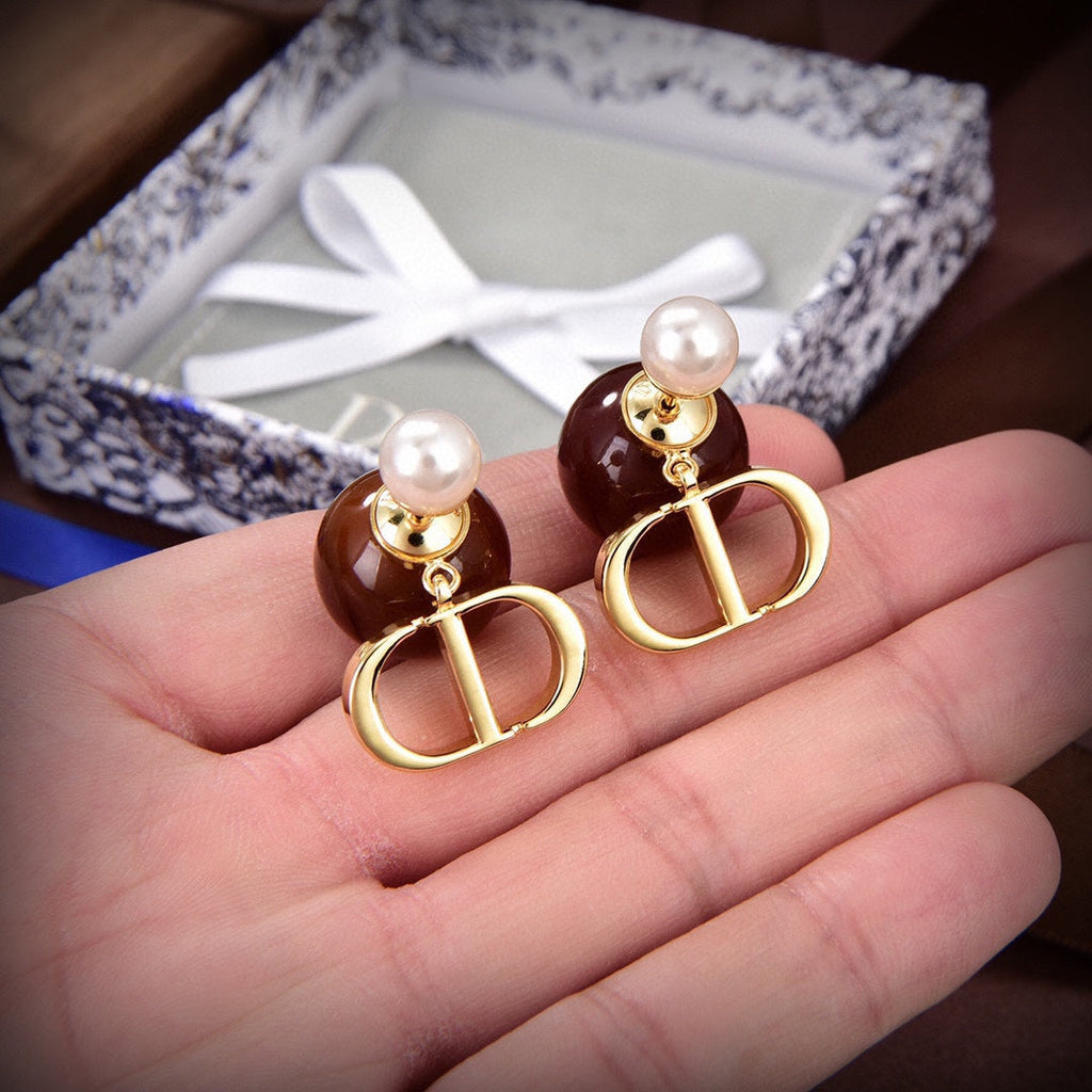 Dior Tribales Brown Resin Pearls 18K Gold Earrings