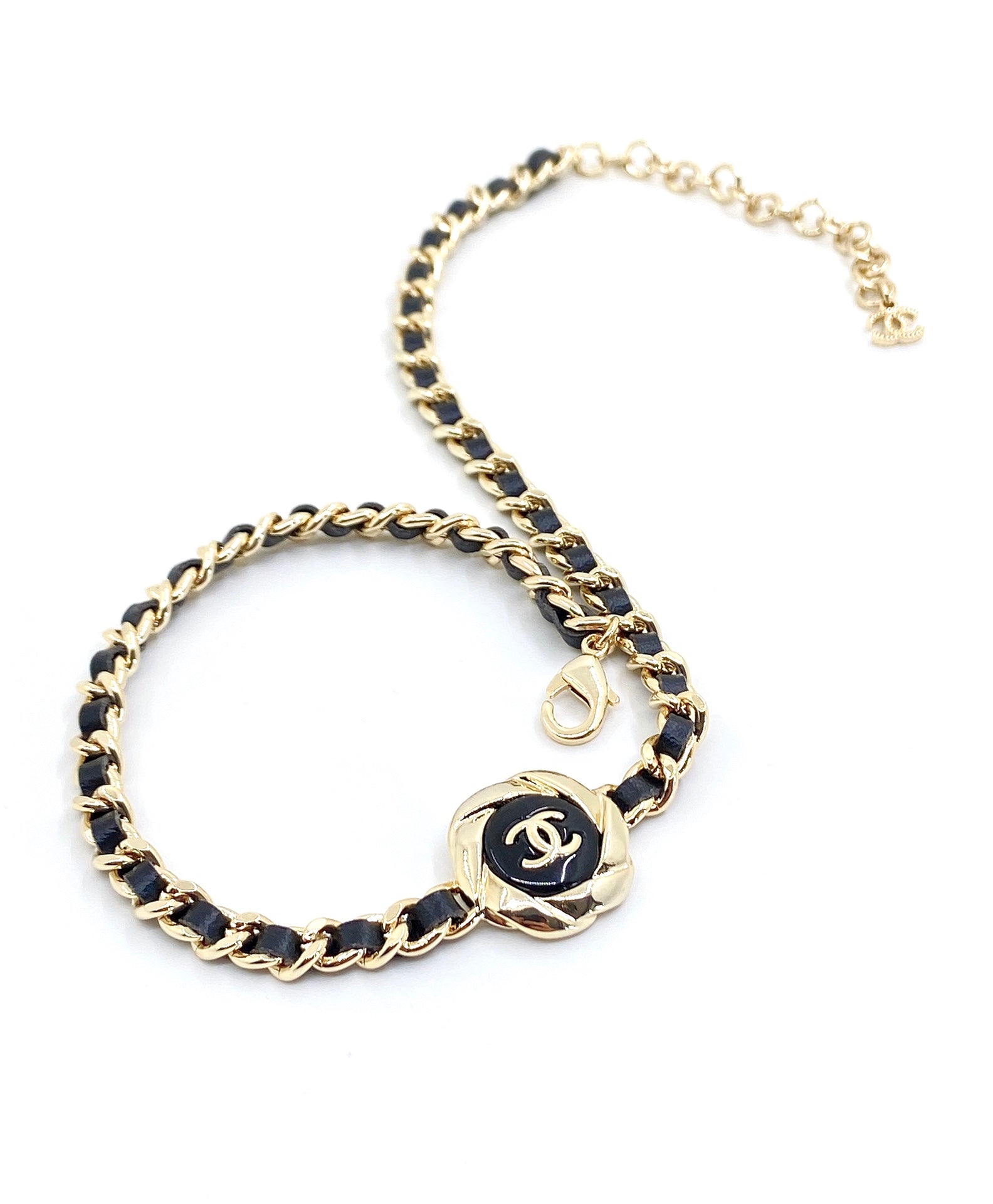 Chanel Rhinestone Leather Choker 18K Gold Necklace