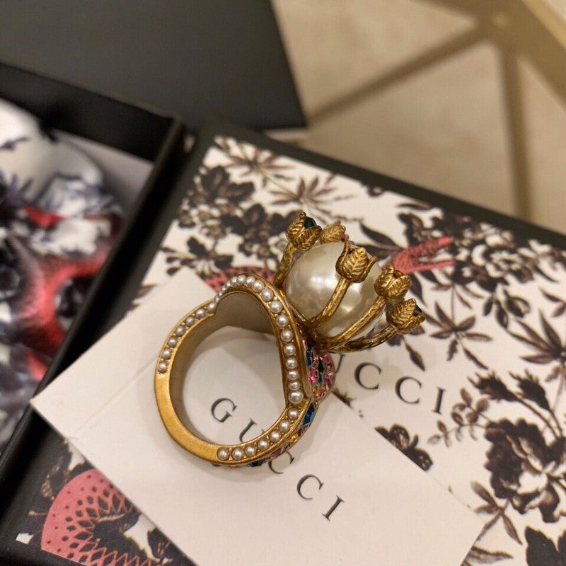 Gucci Double Multistone Pearl 18K Gold Ring