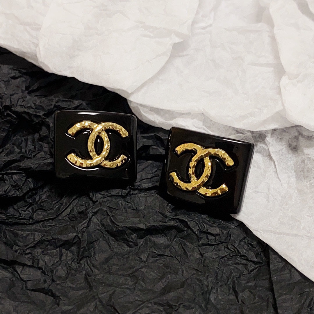 Chanel Black Resin Square 18K Gold Earrings