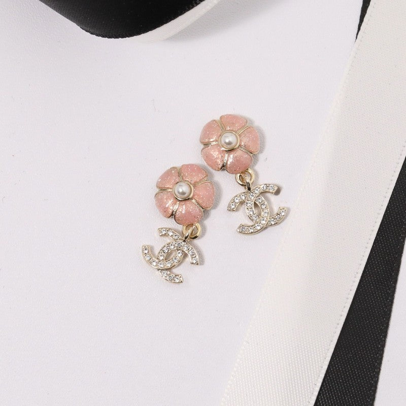 Chanel Black & Pink Camellia Diamond 18K Gold Earrings
