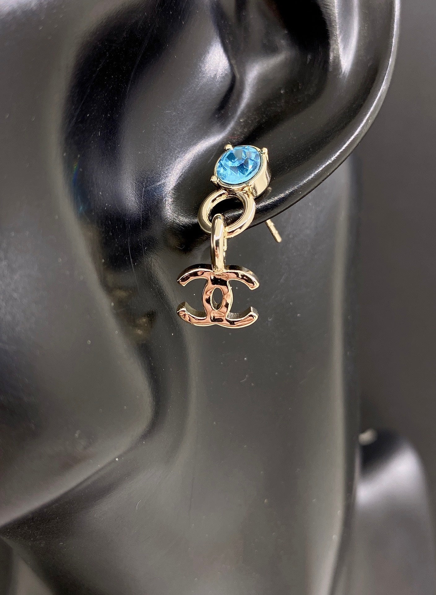 Chanel Blue Crystal 18K Gold Earrings