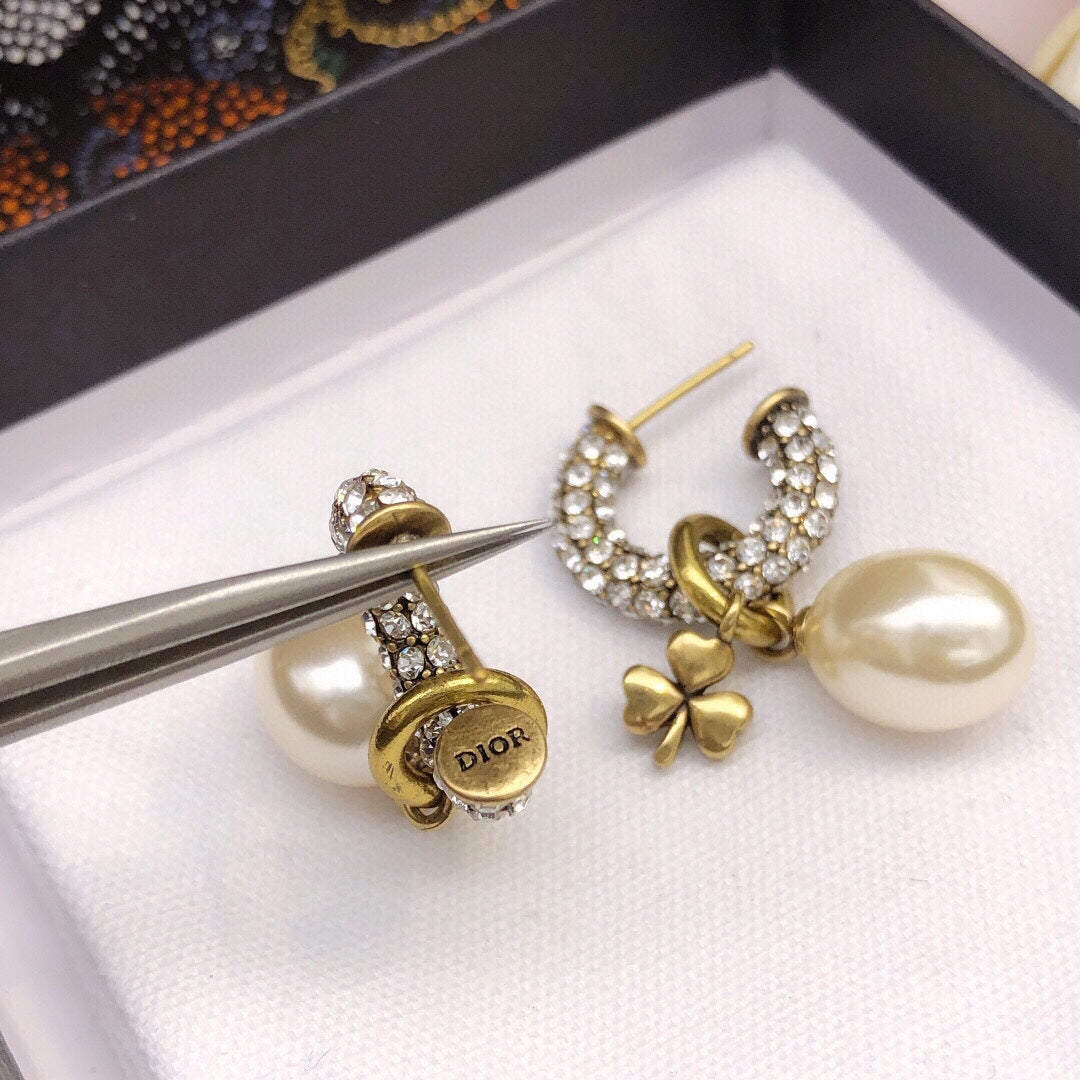 Dior March Grass Pearl Crystals 18K Gold Earrings
