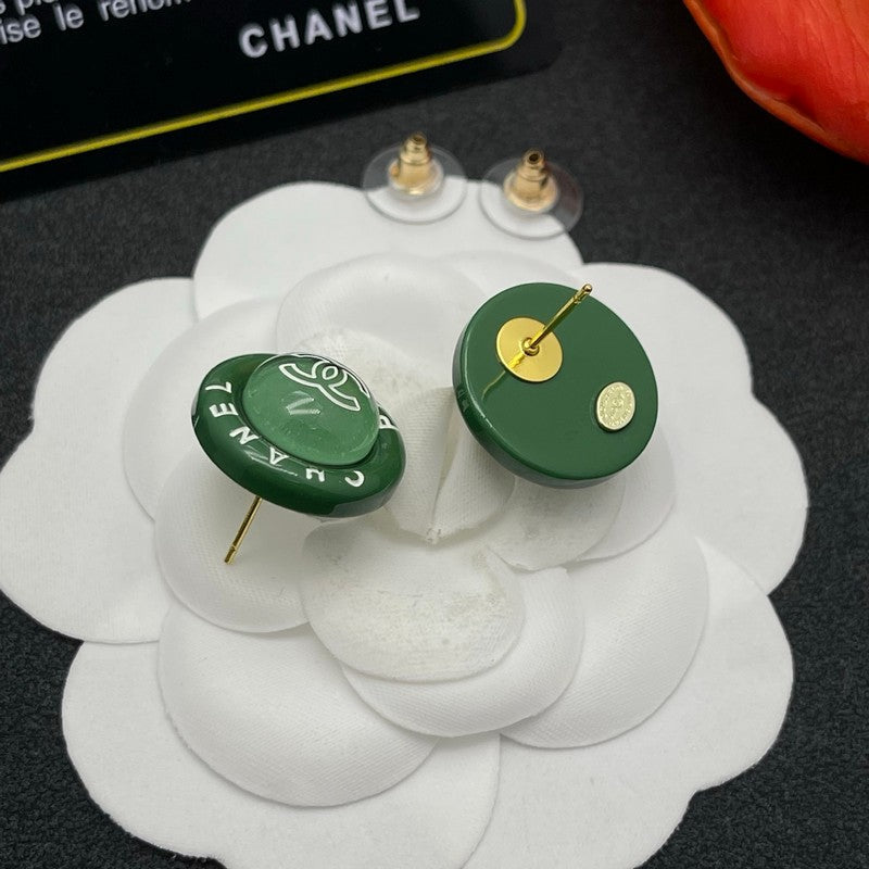 Chanel Green Round 18K Gold Earrings