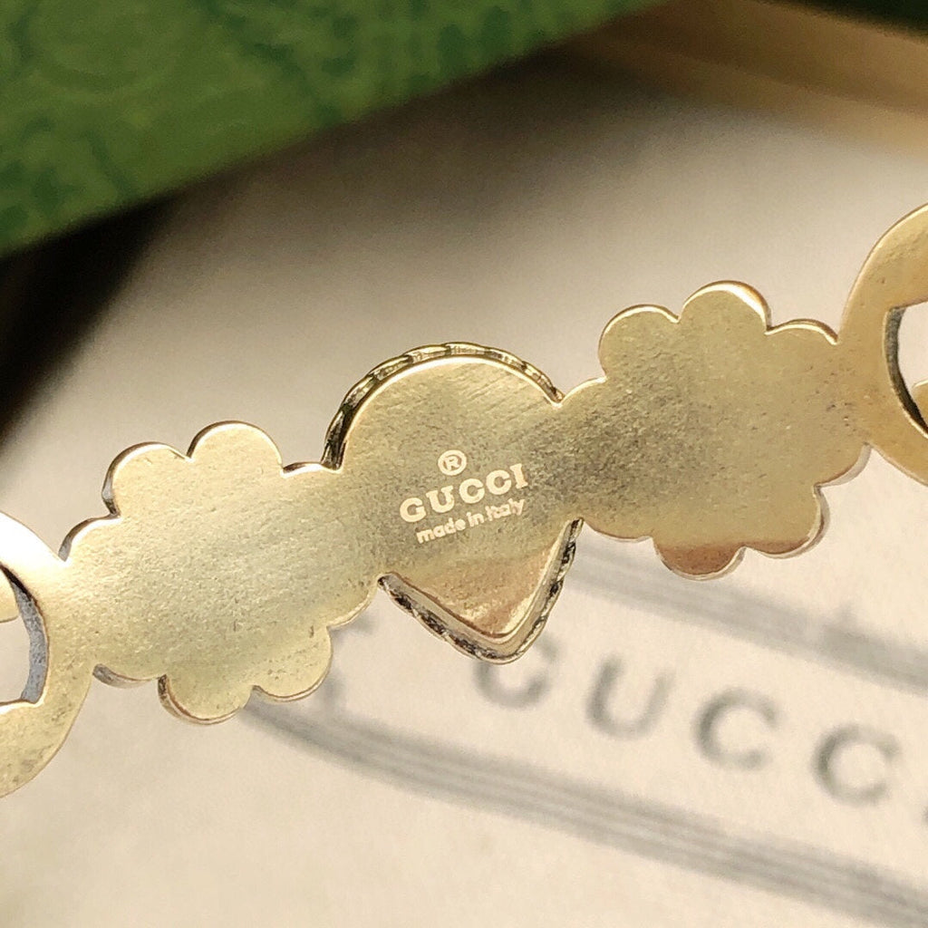Gucci Double Flowers Red Crystals Open Cuff 18K Gold Bracelet