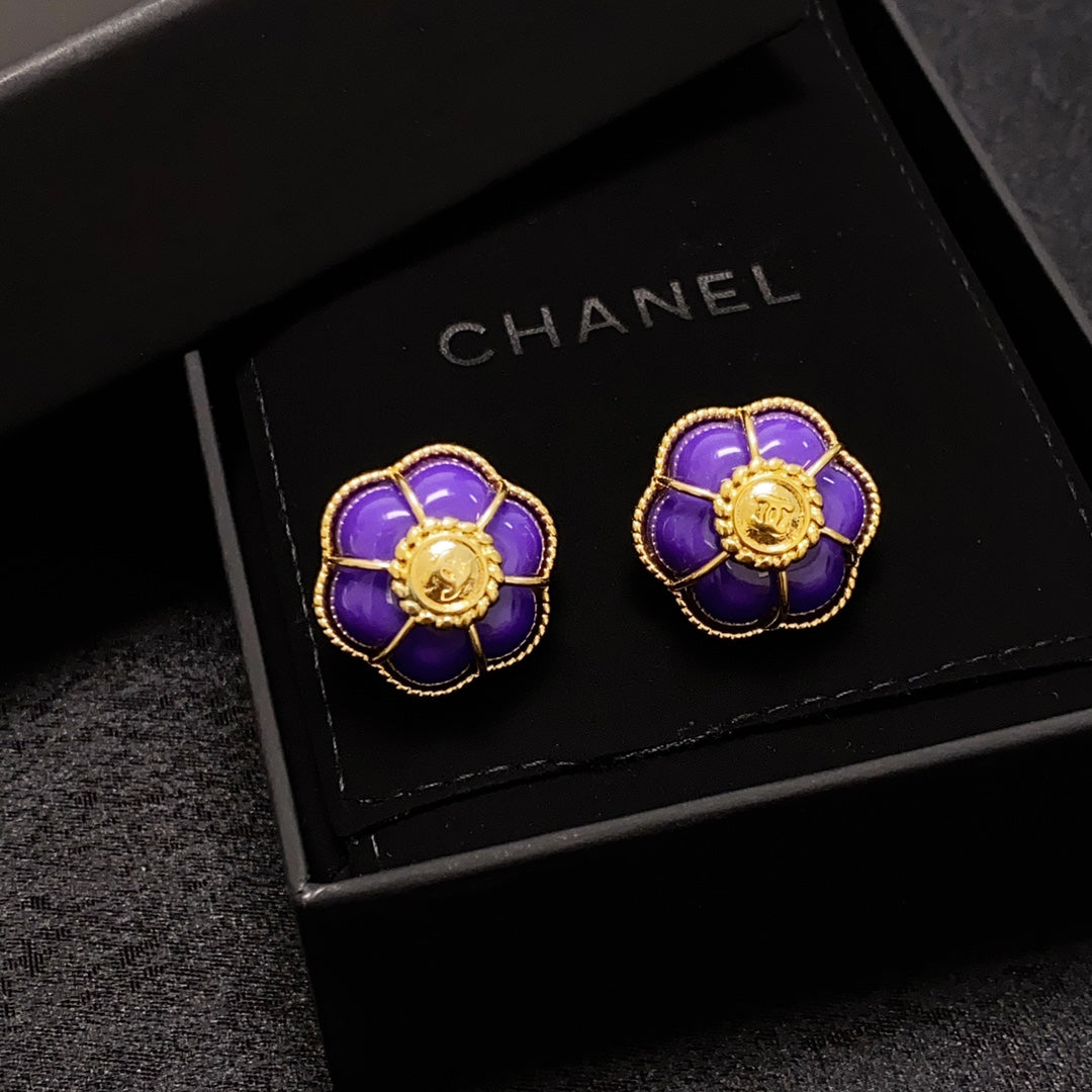 Chanel Purple Flowers 18K Gold Earrings