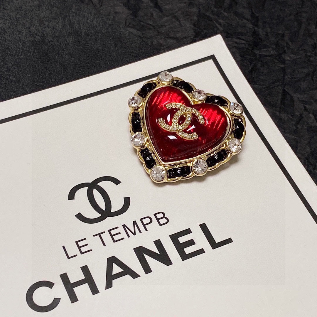 Chanel Red Crystal Heart 18K Gold Brooch