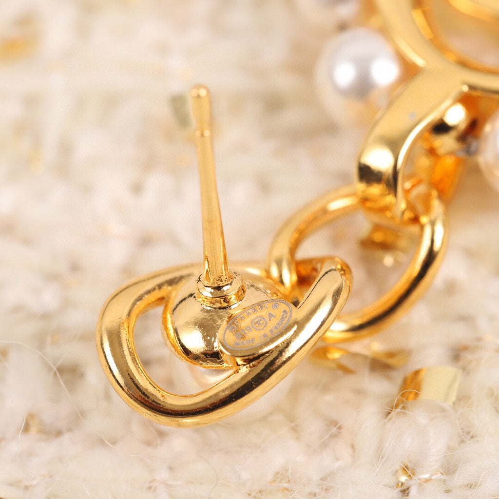 Chanel Square Pearl Pendant 18K Gold Earrings