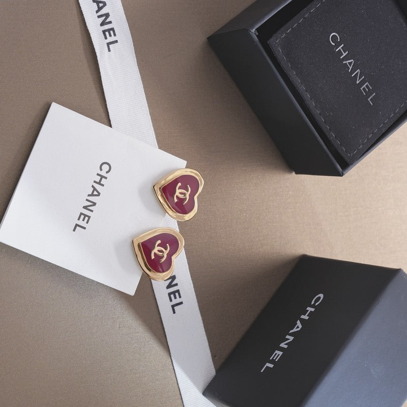 Chanel Black & Red Heart 18K Gold Earrings