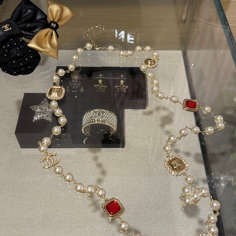 Chanel Long Pearl Red Crystals 18K Gold Necklace
