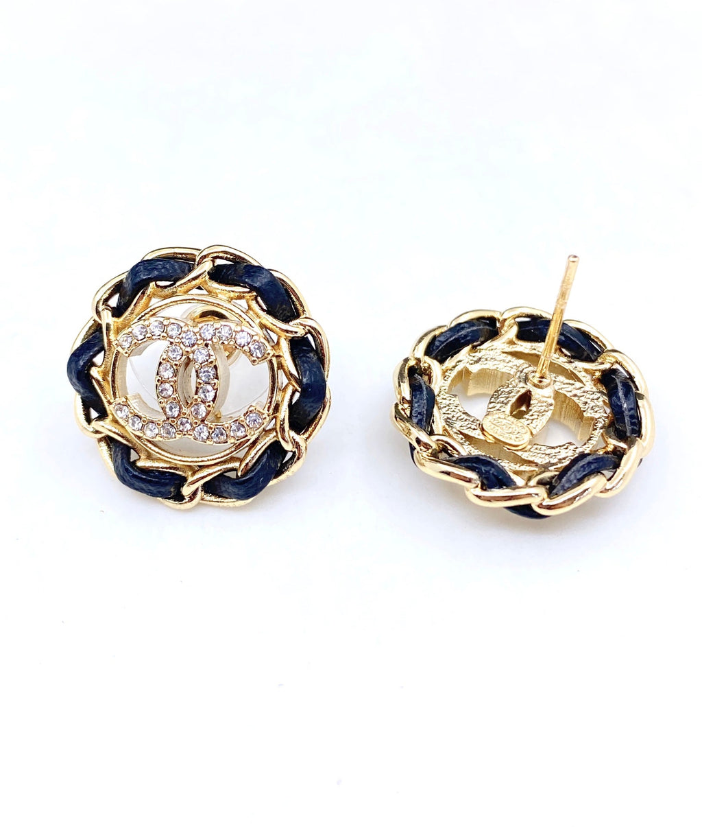 Chanel Black Leather 18K Gold Earrings