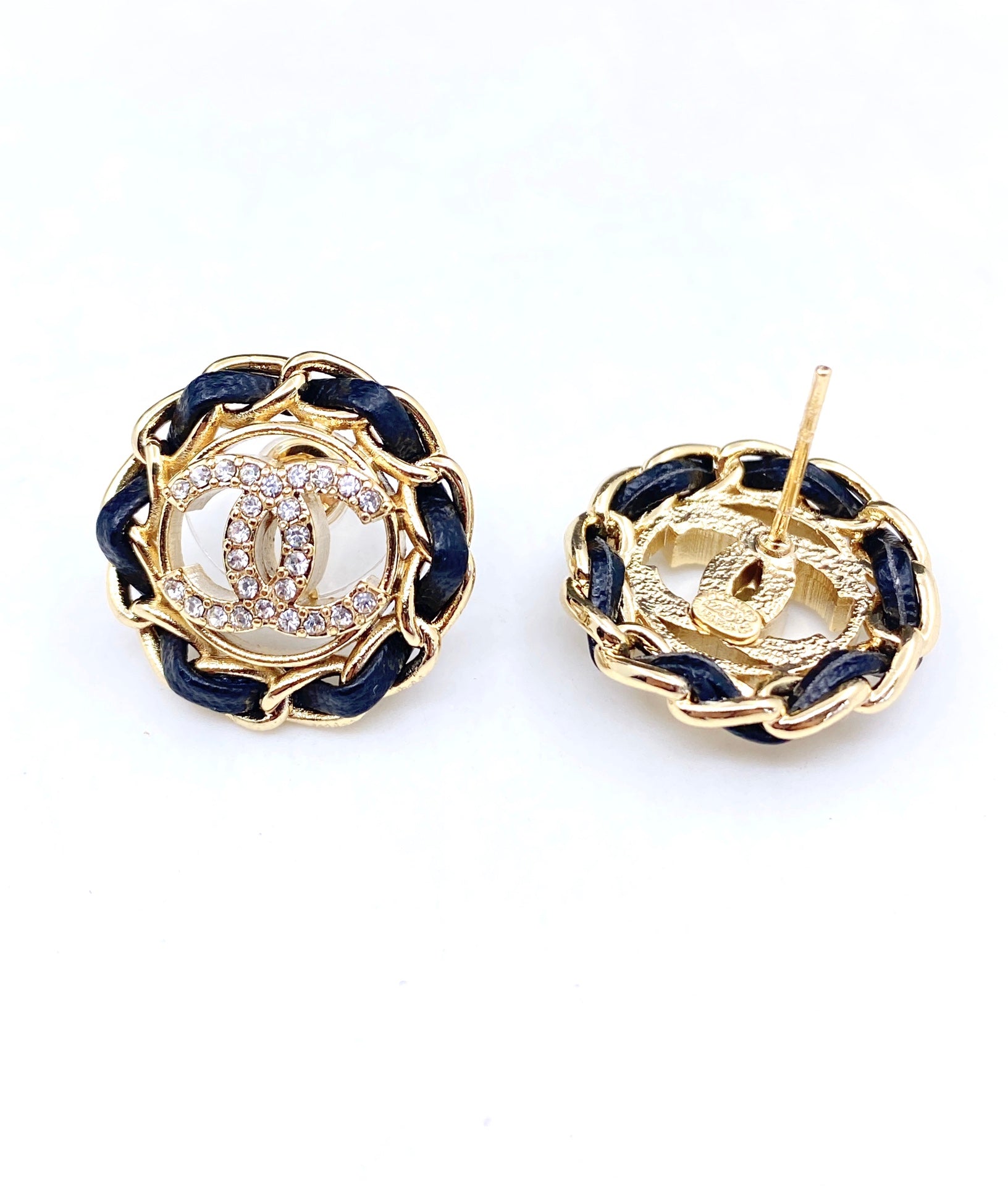 Chanel Black Leather 18K Gold Earrings