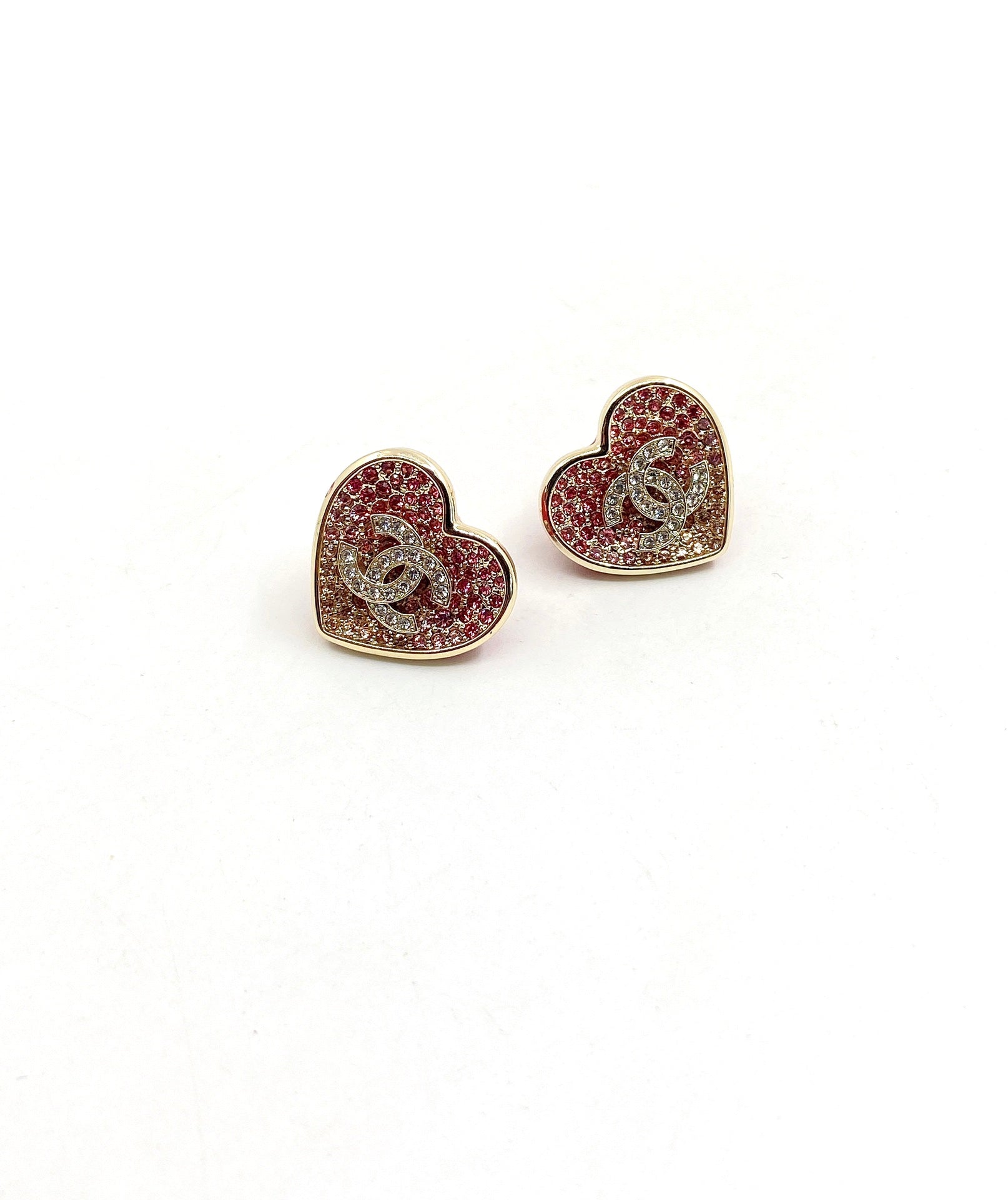 Chanel Diamond Pink Heart 18K Gold Earrings