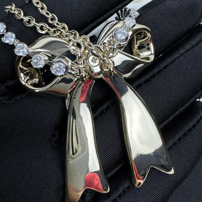 Chanel 25K Bow Tie Diamond Gold 18K Gold Necklace