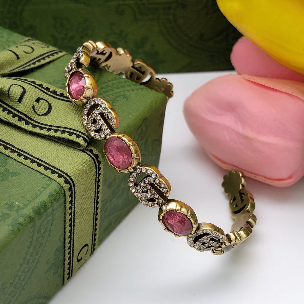 Gucci Double Red Crystals Open Cuff 18K Gold Bracelet