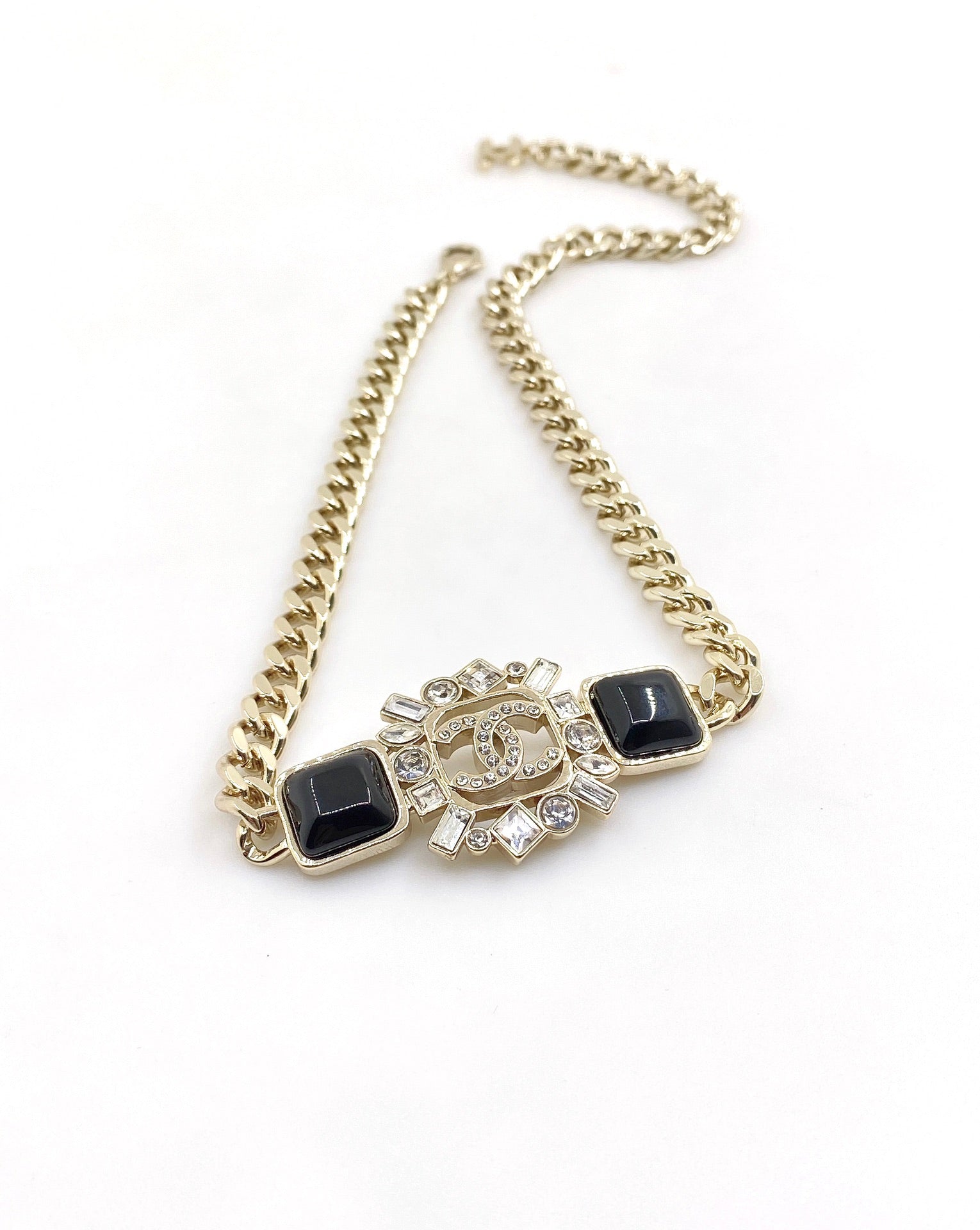 Chanel Black Crystals Chain 18K Gold Necklace