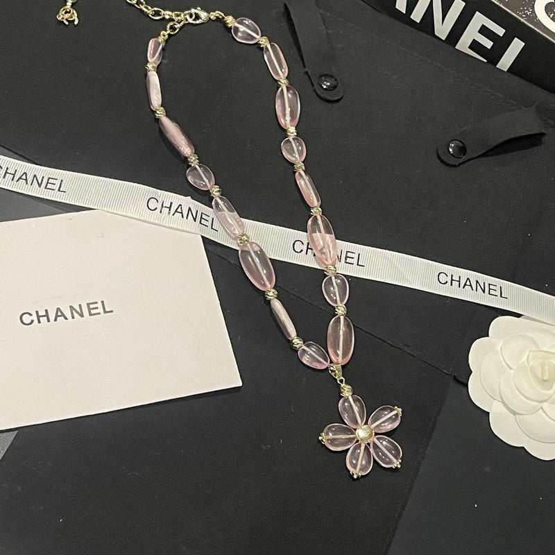 Chanel 26C Pink Crystal Flower 18K Gold Necklace